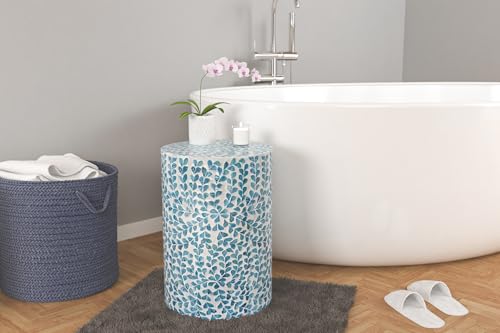 PEMAR Mother of Pearl Inlaid Cylinder Drum End Table Nacre Capiz Shell Side Table Stool Drum Accent Table Coffee Bedside Side Table Round Nightstand and Vanity Stool (Teal Floral) - color: Teal Floral