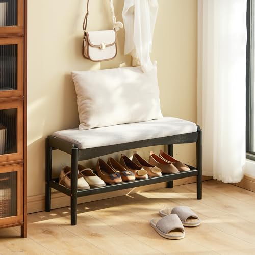 STDDRE Shoe Bench Entryway Bamboo 2-Tier Shoe Rack with Cushion Padded Seat Shoe Bench Organizer Stable for Hallway, Living Room, Bedroom(31.5 * 11.4 * 16.5IN, Black-Gray) - color: Black-gray, size: 31.5*11.4*16.5Inches