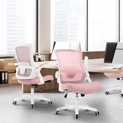 NEO Chair Office Desk Gaming Chair Computer High Back Mesh Seat with Rolling Wheels Ergonomic Adjustable Comfy Flip-up Armrests Lumbar Support Height for Home (Pink White Frame) - color: Pink