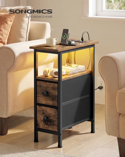SONGMICS Side Table, Nightstand with Charging Station, End Table with LED Lighting, 2 Drawers, for Living Room, Bedroom, BELLAH Collection - color: Rustic Brown, size: 1 Pack (8.5"D x 18.1"W x 23.8"H)
