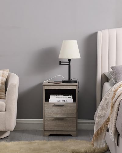 Nightstand with Charging Station,Nightstand with 2 Drawers,Wooden End Table with Drawer and Opening Shelf,Side Table for Bedroom, Rustic Grey - color: Rustic Grey, style: 2 Drawers
