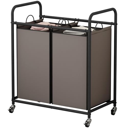 SUOERNUO Laundry Hamper Basket 2 Bag Laundry Sorter Cart with Rolling Lockable Wheels and Removable Bags Laundry Organizer Cart for Clothes Storage, Assorted - color: Brown