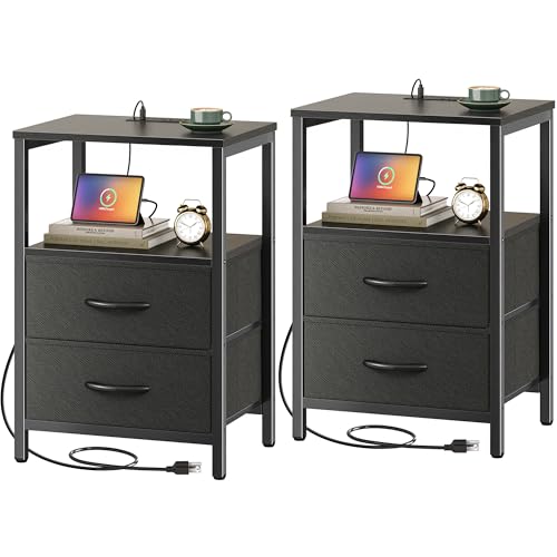 Huuger Nightstands Set of 2, End Tables with Charging Station, Side Tables with Fabric Drawers, Bedside Tables with USB Ports and Outlets, Night Stands for Bedroom, Black - color: Black, size: 11.8"d X 15.7"w X 23.6"h (2 Drawers)