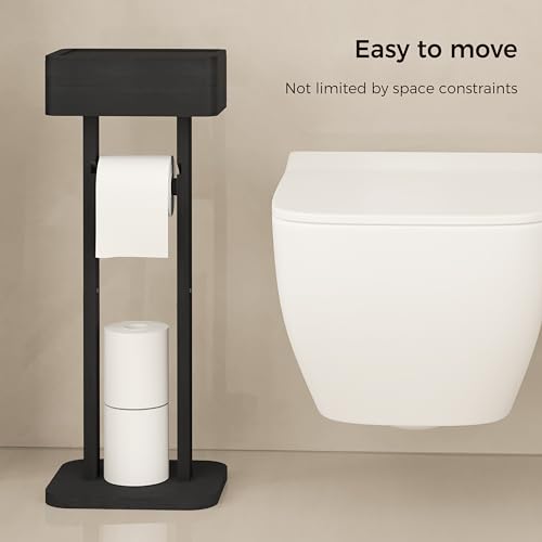 4-in-1 Black Toilet Paper Holder Stand with Storage Shelf Box, 360° Rotating Bamboo Free Standing Toilet Tissue Roll, Toilet Wipes Dispenser Organizer, Temporary Desktop for Bathroom (Patent) | 360° Rotating Bamboo Free Standing Toilet Tissue Roll, Toilet
