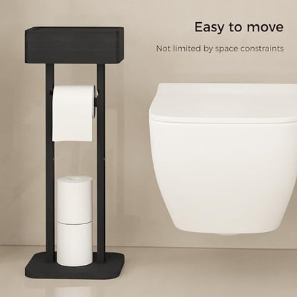 4-in-1 Black Toilet Paper Holder Stand with Storage Shelf Box, 360° Rotating Bamboo Free Standing Toilet Tissue Roll, Toilet Wipes Dispenser Organizer, Temporary Desktop for Bathroom (Patent) | 360° Rotating Bamboo Free Standing Toilet Tissue Roll, Toilet