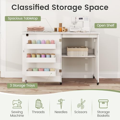 DREAMADE Folding Sewing Table with Storage, Craft Table w/Charging Station, 5 Lockable Wheels, Storage Bins & Shelf, Sewing Machine Desk for Home Office, Apartment, Studio (White) - color: White