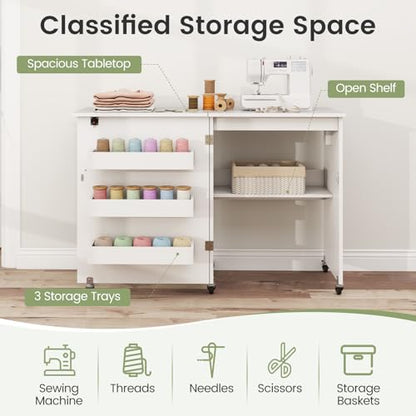 DREAMADE Folding Sewing Table with Storage, Craft Table w/Charging Station, 5 Lockable Wheels, Storage Bins & Shelf, Sewing Machine Desk for Home Office, Apartment, Studio (White) - color: White