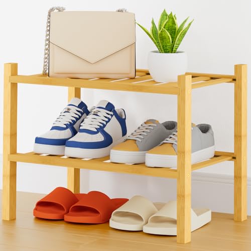 Smiry Small Bamboo Shoe Rack, 2 Tier Free Standing Wooden Shoe Organizer, Stackable Wood Shoe Storage Shelf for Closet, Entryway, 14 Vertical Slats, One-piece Heavy-Duty Legs, 17.3"x11"x13", Natural - color: Natural, size: 17.32" Wide - 2 Tier - Thicker