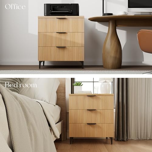 25.6" W Fluted Nightstand with 3 Drawer Dresser, Modern Wood Night Stands | Bedside Table for Bedroom King/Queen Bed, End Table with Robot-friendly Legs for Living Room,Entry - color: 3 Drawers-1pcs-oak