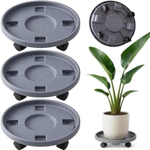 Rolling Plant Stand with Wheels 3 Pack 14 Inch Plant Caddy with Wheels Heavy Duty Plant Dolly Roller Base with Wheels Round Flower Pot Rack Holder Planter Trolley Tray, Grey - color: Grey, size: 14 inch