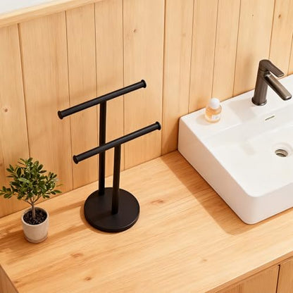 Hand Towel Holder, NEWRAIN Double Countertop Hand Towel Holder Stand, Stainless Steel Free Standing Hand Towel Rack with Heavy Base, for Bathroom Kitchen & Counter top, Matte Black - color: Matte Black, style: 2-Tier