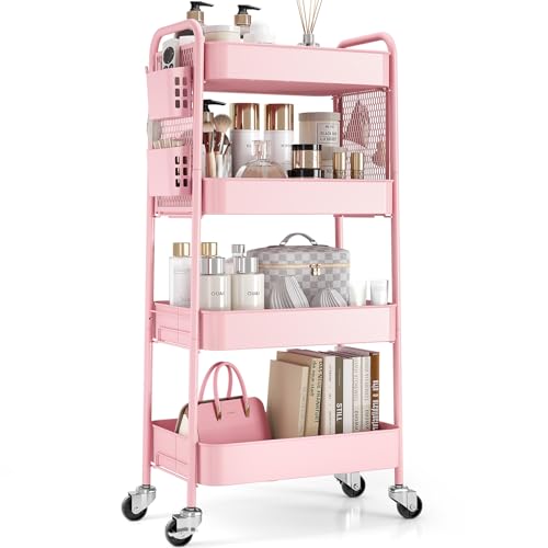 TOOLF 4 Tier Rolling Cart with Pegboard, Metal Storage Organizer Cart with Wheels, Hooks & Bins Esthetician Craft Art Sturdy Storage for Bathroom, Kitchen, Office, Nursery Diaper - color: Pink, size: 4-Tier