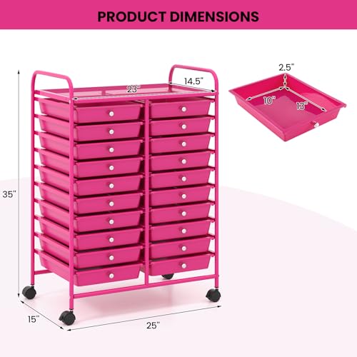 DREAMADE Rolling Cart with Storage Drawers, Utility Cart w/Removable Plastic Drawers, Lockable Wheels, Art Cart for Classroom Organization Art Supplies Office Scrapbook (20 Drawers, Hot Pink) - color: Hot Pink, style: 20 Drawers