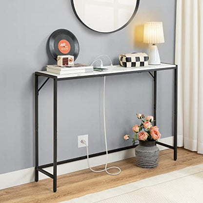 MAHANCRIS Console Table, Narrow Sofa Table Behind Couch, 43.7” Entrance Table with Power Station, Simple Style, for Living Room, Hallway, Entryway, Foyer, Marble and Black CTHM112E01 - color: Marble, Black