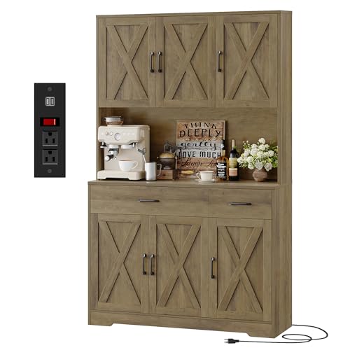 HOSTACK 71" Pantry Cabinet with Charging Station, Tall Kitchen Pantry Storage Cabinet with Microwave Stand, Farmhouse Kitchen Hutch with Storage Drawers for Living Room, Dining Room, Rustic Brown - color: Rustic Brown