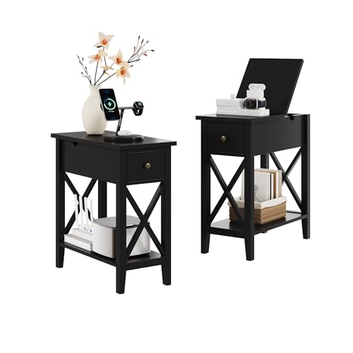 ChooChoo End Table, Flip Top Narrow End Table with Drawer, Set of 2 | Narrow Side Table with Flip Top, Accent Small Side Table Nightstand for Living Room, Bedroom, and Small Spaces, Black - color: Black, size: 2 Pack, style: Without Power