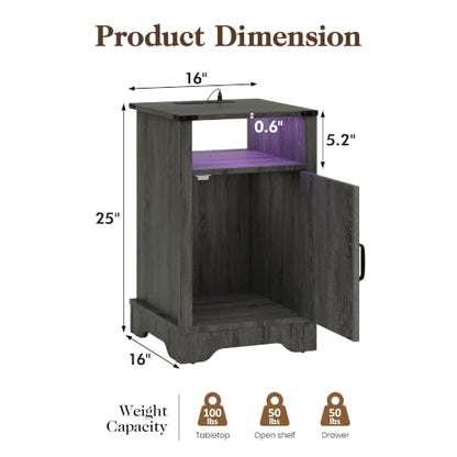 Nightstands Set of 2, Bedside Tables with Charging Station & LED Lights,25 inch Farmhouse Bedside Tables with Storage Cabinet, Open Shelf & Color Changing Lights, Rustic Wooden End Tables, Dark Gray