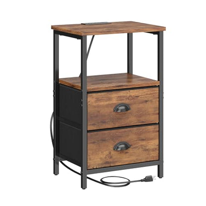 Sthmec Rustic Brown Industrial Nightstand Set of 2, Bedside Table with 2 Fabric Drawers, 3-Tier Storage, LED Light, Charging Station, 11.38''D * 15.38''W* 24.75''H - color: Rustic Brown