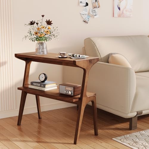 Solid Wood End Table, 2-Tier Side Table with Storage Shelf, Wooden Modern Accent Slim Bedside Table for Sofa, Living Room, Bedroom, Small Space, Easy Assembly, Rustic Brown - color: Rustic Brown