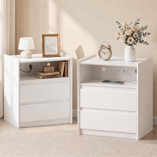 White Nightstands Set of 2 with Charging Station, 2-Drawer Pair | Hidden USB-C, USB-A, 2 AC outlets, 5 ft cords and cable holes give both sides bright, tidy power for phones and lamps daily. - color: White, size: 2-Pack, style: 2 Drawers