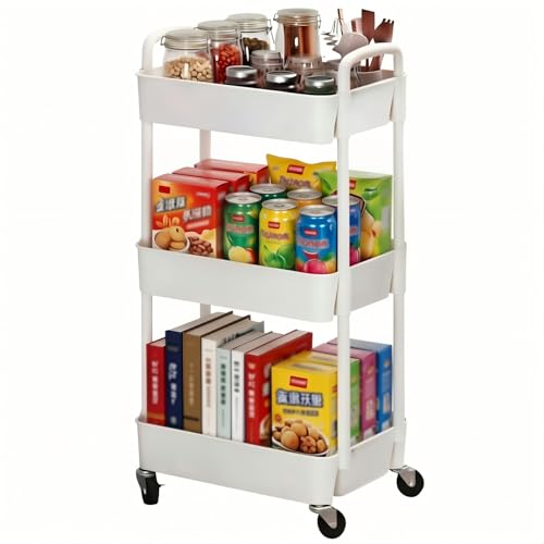 Sywhitta 3-Tier Plastic Rolling Utility Cart with Handle, Multi-Functional Storage Trolley for Office, Living Room, Kitchen, Movable Storage Organizer with Wheels, White - color: White, size: 3-tier