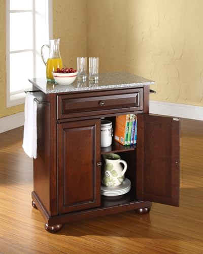 Crosley Furniture Alexandria Granite Top Small Portable Rolling Kitchen Island Storage Cart, Microwave Stand, Mahogany - color: Mahogany, style: Solid Grey Granite Top