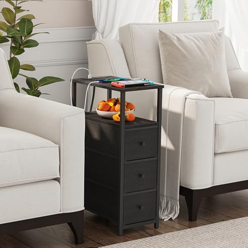 TUTOTAK Narrow Night Stand with Charging Station, Slim End Table | Tall Side Table with 3 Fabric Drawer, Small Bedside Table with Storage, Living Room, Bedroom, Black TB01BK086 - color: Black, size: 1 Pack (3 Drawers), style: With Plug