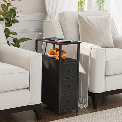 TUTOTAK Narrow Night Stand with Charging Station, Slim End Table | Tall Side Table with 3 Fabric Drawer, Small Bedside Table with Storage, Living Room, Bedroom, Black TB01BK086 - color: Black, size: 1 Pack (3 Drawers), style: With Plug