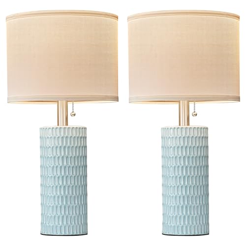 Reaketon Table Lamps for Living Room Set of 2, Ceramic Table Lamps for Bedroom, 20" Modern Lamps for Night Stands, Blue - color: Sky Blue