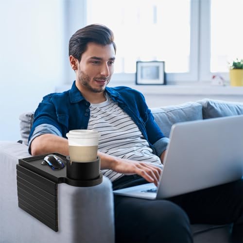 Couch Cup Holder Tray - 3 in 1 Sofa Arm Tray with 360° Rotating Cup Holder & Phone Stand,Fits Various Couches Arm Widths - Anti-Slip Foldable Couch Arm Tray for Snacks, Cellphone Remote - color: Black