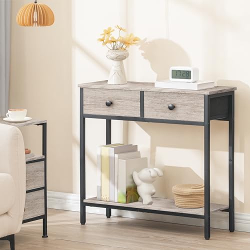 HOOBRO 29.5" Narrow Console Table with 2 Fabric Drawers, Small Entryway Table with 2-Tier Storage Shelves, Sofa Table, Behind Couch Table, for Living Room, Hallway, Greige and Black BG71XG01 - color: Greige and Black