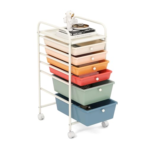 GOFLAME 6-Drawer Rolling Storage Cart, Multifunctional Art Craft Organizer Cart, Mobile Utility Storage Cart with Removable Drawers & Lockable Wheels, Craft Cart for Home Office, Macaron Color - color: Macaron Color, size: 6-Drawer without Wood Top