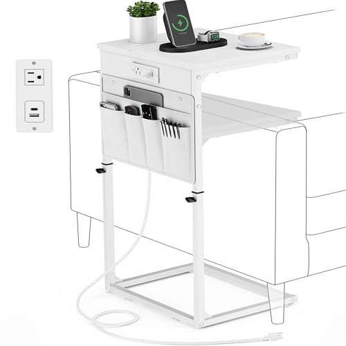 Vagusicc C Shaped End Table with Charging Station, Adjustable Height Side Table for Couch, Sofa Table Laptop Couch Side Tables, Slide Under Sofa TV Tray Arm C Tables for Living Room Bedroom, White - color: 1pc White