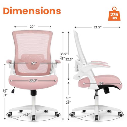 NEO Chair Office Desk Gaming Chair Computer High Back Mesh Seat with Rolling Wheels Ergonomic Adjustable Comfy Flip-up Armrests Lumbar Support Height for Home (Pink White Frame) - color: Pink