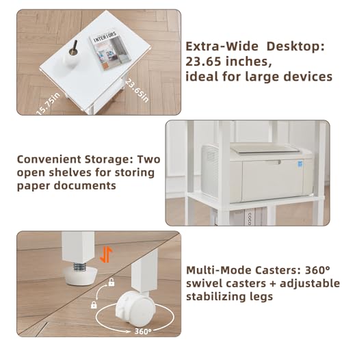 YUFAM 3 Tier Home Printer Stand with Storage, White | Wooden Mobile Printer Table Shelf, Rolling Printer Cart Shelf with Lockable Wheels fit Fax Machine, Scanner - color: White, size: 15.75"D×23.65"W×25.7"H