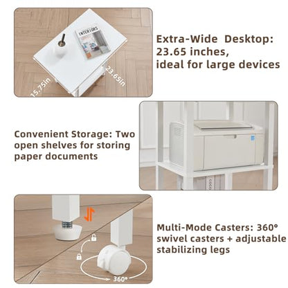 YUFAM 3 Tier Home Printer Stand with Storage, White | Wooden Mobile Printer Table Shelf, Rolling Printer Cart Shelf with Lockable Wheels fit Fax Machine, Scanner - color: White, size: 15.75"D×23.65"W×25.7"H
