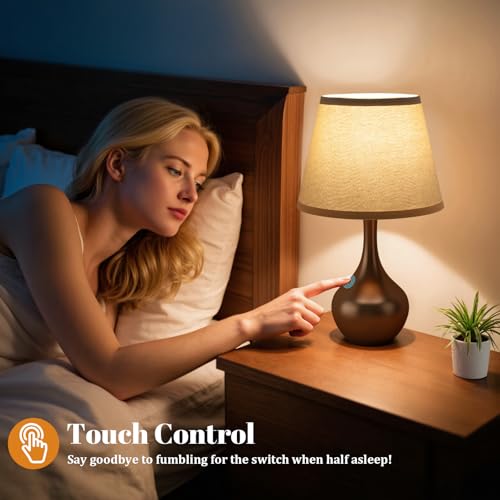Seealle Touch Table Lamp for Bedroom, 3-Way Dimmable Small Bedside Lamps for Night Stands with Wires, Brown Desk Lamp for Kids Room, Office, Living Room, End Table(LED Bulb Included) - color: C. Oat Shade & Brown Base