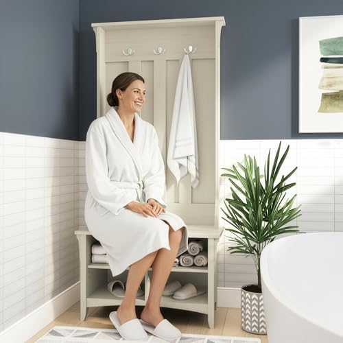 Bush Home Salinas Hall Tree with Shoe Storage Bench in Antique White, Multi-Purpose Home Organizer, Entryway Solution with Seating and Hooks - color: Antique White
