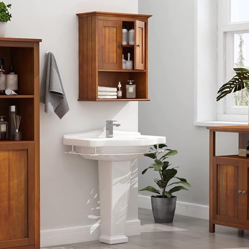 Treocho Wood Wall Cabinet, Bathroom Medicine Cabinet Storage with Doors and Adjustable Shelf, Rustic Cabinet Wall Mounted for Bathroom, Livingroom, Kitchen, Cupboard, Reddish Brown - color: Reddish Brown