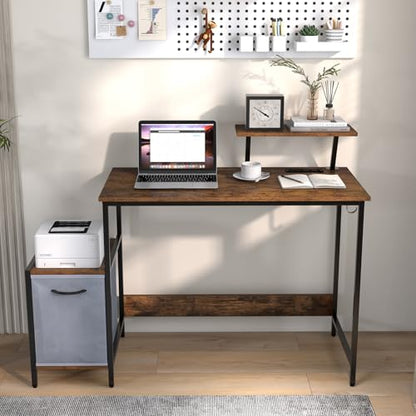 Tangkula Computer Desk with Charging Station, Home Office Desk with Reversible Fabric Drawer, Headphone Hook & Elevated Shelf, Study Writing Table, Industrial PC Workstation for Home