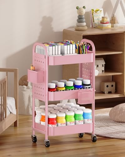 ALVOROG 3 Tier Rolling Cart with DIY Pegboards Metal Utility Cart with Wheels Handles Baskets Hooks, Craft Cart for Office Kitchen Bathroom(Cherry Blossom Pink) - color: Cherry Blossom Pink
