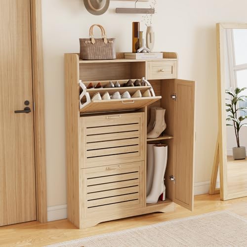 Narrow Shoe Cabinet Storage for Entryway, Hidden Shoe Rack Cabinet with Doors, 3 Flip Drawers & Adjustable Shelves, Thin Freestanding Boot Storage Closet Organizer, Ventilated Wood Design, Natural Oak - color: Natural Wood
