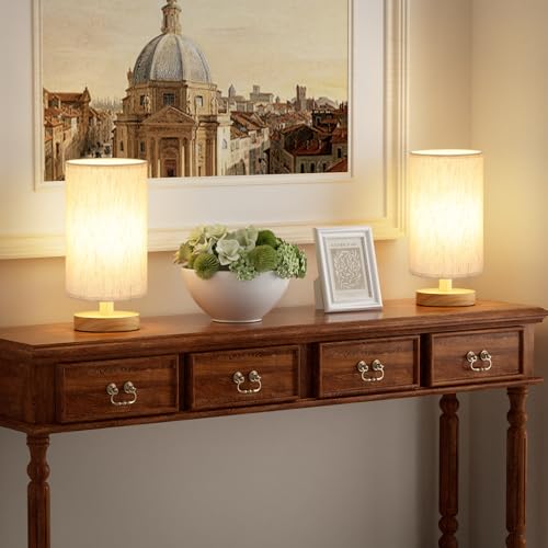 Fenmzee Small Lamps Set of 2 - Inline Control, Bedside Table Lamp for Bedroom with 3000K A15 LED Blub, Easy Assembly (Cream Shade - Wood Base Set of 2, 9" Inline Control) - color: Cream Shade - Wood Base set of 2