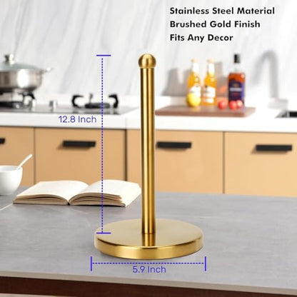 Paper Towel Holder Countertop, Brushed Gold Paper Towel Holder Stand Papertowel Holder with Stable Weighted Base, Free Standing Paper Towel Roll Holder for Kitchen Bathroom