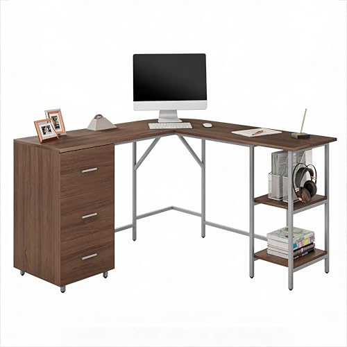 Techni Mobili L Shaped Desk - Two-Toned Computer Desk with Drawers & Storage Shelves - Simple Modern Furniture & Home Office Space Corner Table for Work & Writing | 59" two‑tone L‑shaped desk with storage shelves, durable frame, modern corner workstation,