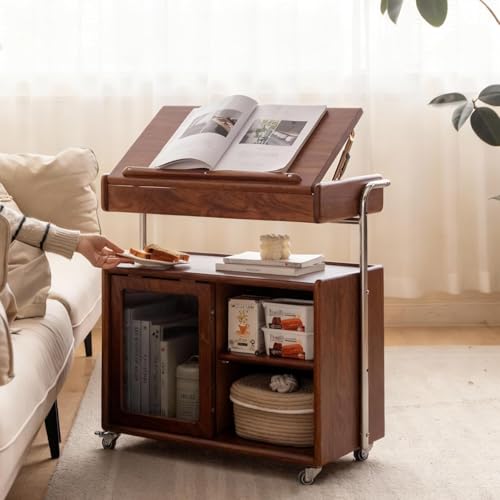 Solid Wood Side Table for Living Room, Bedroom, Walnut | Movable, Flip Top, 7 Angle Adjustment, Ample Storage - color: Walnut