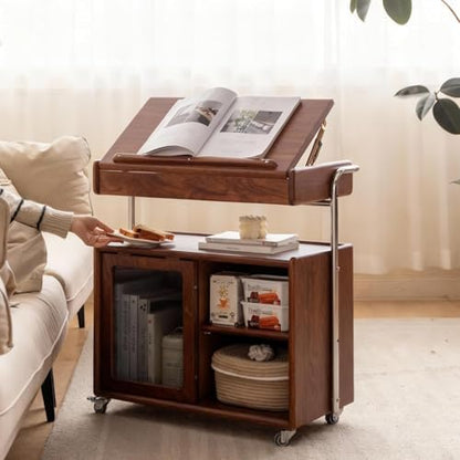 Solid Wood Side Table for Living Room, Bedroom, Walnut | Movable, Flip Top, 7 Angle Adjustment, Ample Storage - color: Walnut