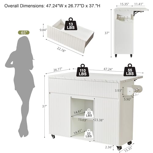 weselon 47" Mobile Kitchen Island with Storage, Rolling Kitchen Cart with Drop Leaf, Kitchen Island on Wheels with 2 Drawers & Adjustable Shelves, Towel Rack & Hooks, Faux Marble Top (White)