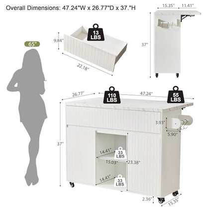 weselon 47" Mobile Kitchen Island with Storage, Rolling Kitchen Cart with Drop Leaf, Kitchen Island on Wheels with 2 Drawers & Adjustable Shelves, Towel Rack & Hooks, Faux Marble Top (White)