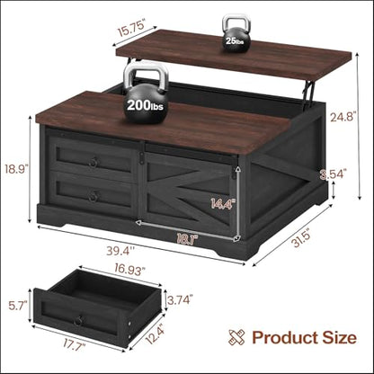 Itaar 39.4'' Lift Top Coffee Table with Storage, Farmhouse Coffee Tables for Living Room, Square Coffee Table with Large Hidden Compartment & 2 Drawers & Adjustable Shelves, Black+Walnut - color: Black+walnut